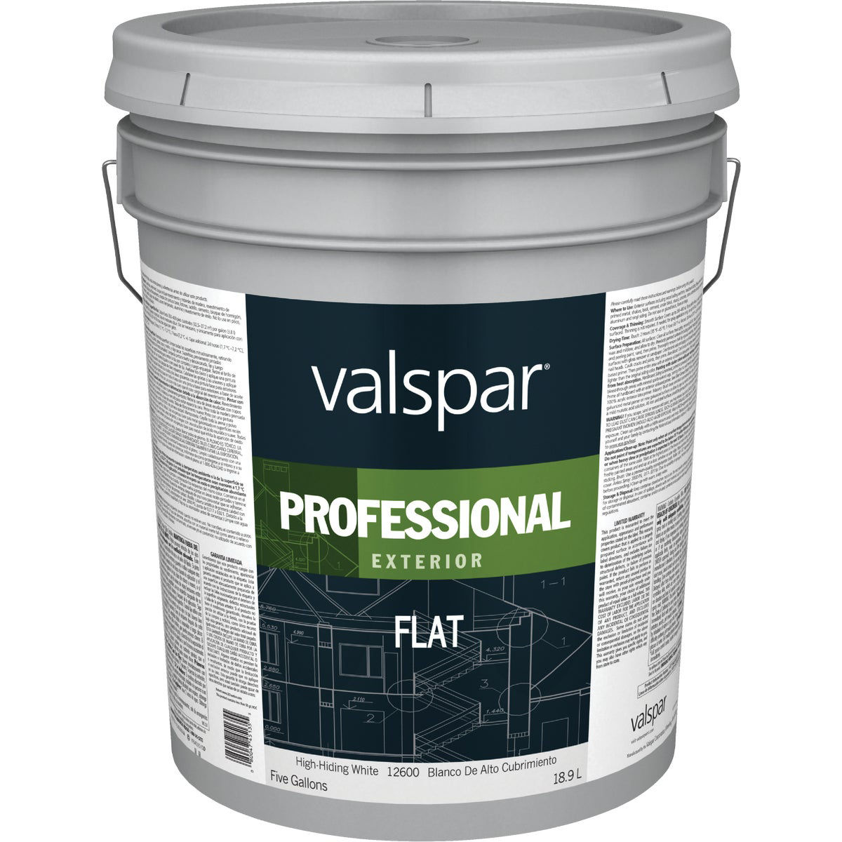Valspar Professional 100% Acrylic Flat Exterior House Paint, White, 5 Gal.