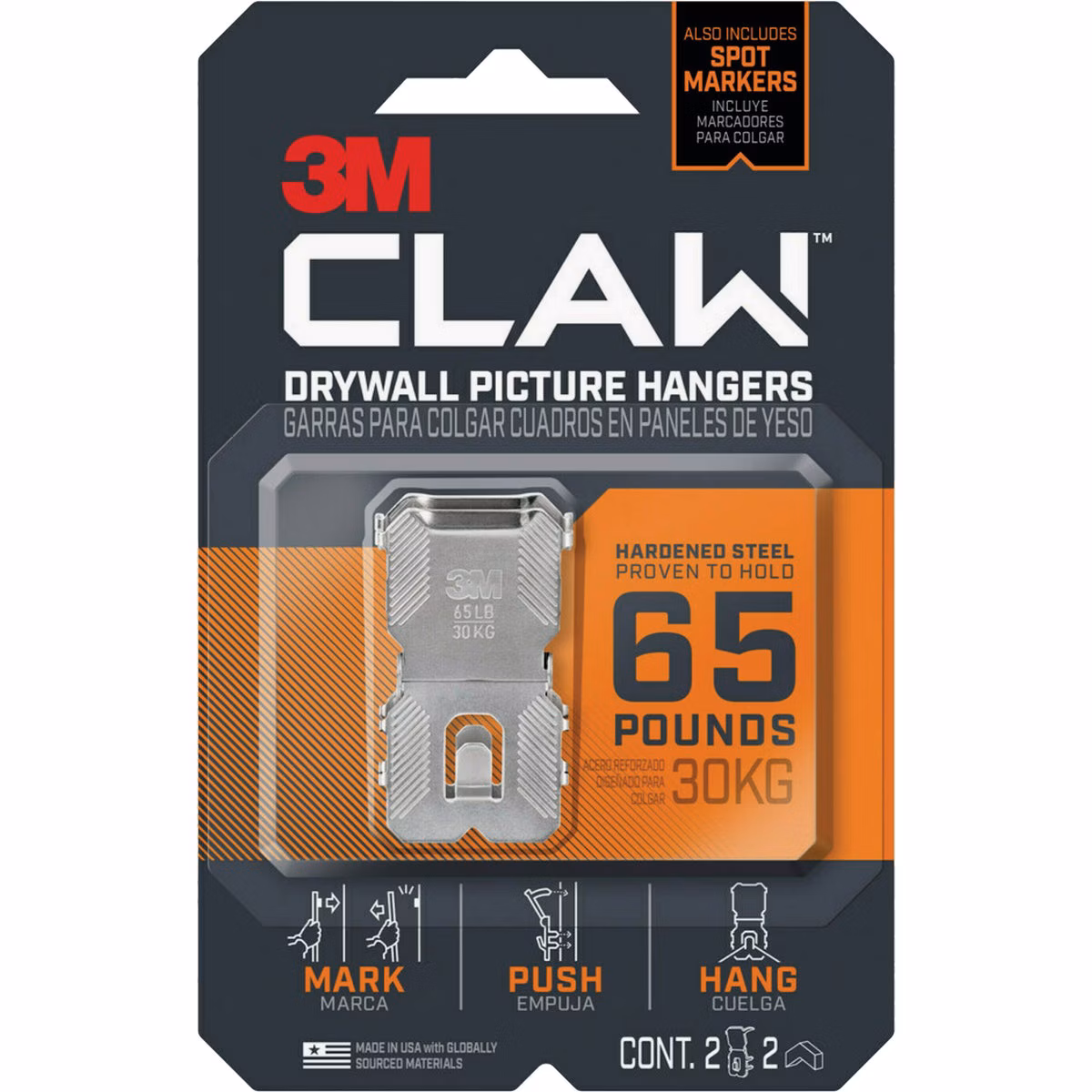 3M Claw Drywall Picture Hanger with Temporary Spot Marker, Holds 65 Lb., 2 Hangers, 2 Markers
