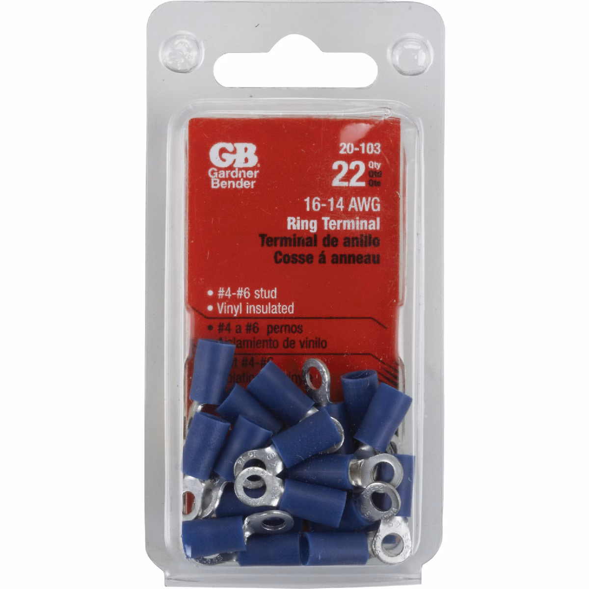 Gardner Bender 16 to 14 AWG #4 to #6 Stud Size Blue Vinyl-Insulated Barrel Ring Terminal (22-Pack)
