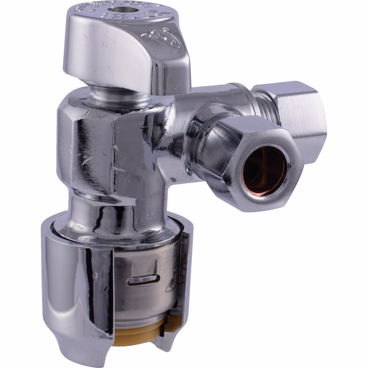 SharkBite 1/2 in. Push-to-Connect x 3/8 in. OD Compression x 3/8 in. OD Compression Chrome-Plated Brass Dual Stop Quarter Turn Angle Valve