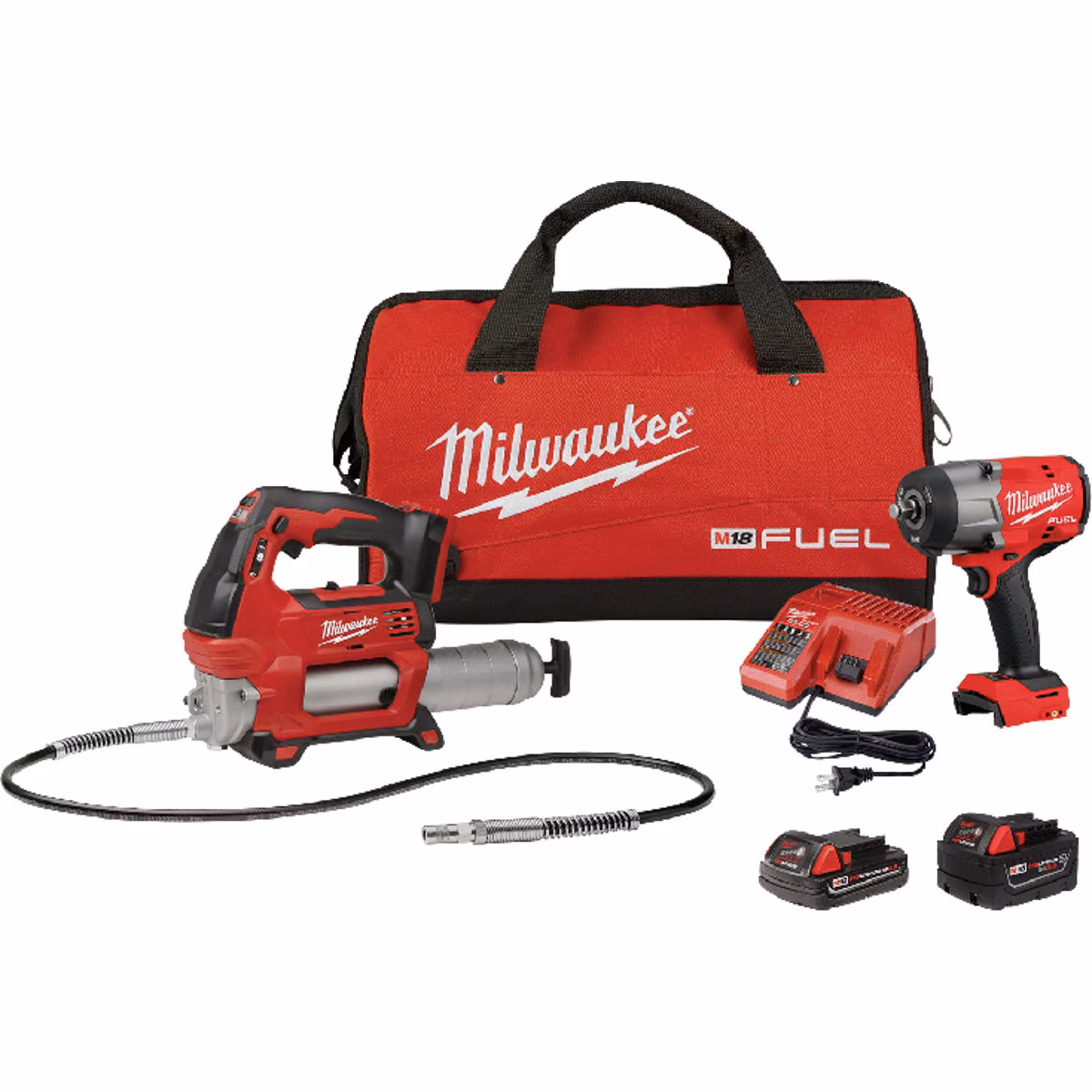 Milwaukee M18 FUEL 2-Tool Brushless Cordless High Torque Impact Wrench & Grease Gun Combo Kit with (1) 5.0 Ah Battery, (1) 2.0 Ah Battery & Charger