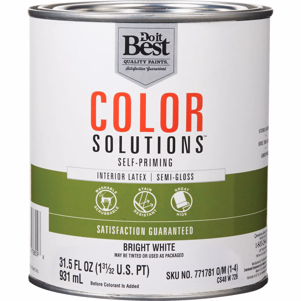 Do it Best Color Solutions Latex Self-Priming Semi-Gloss Interior Wall Paint, Bright White, 1 Qt.