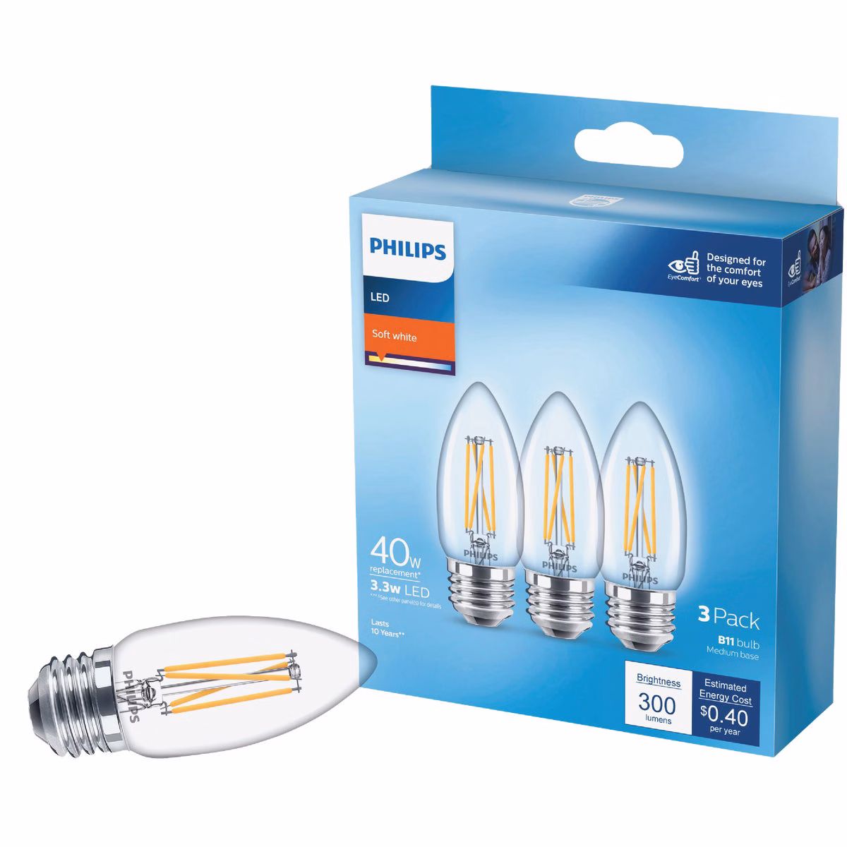 Philips 40W Equivalent Soft White B11 Medium Clear LED Decorative Light Bulb (3-Pack)