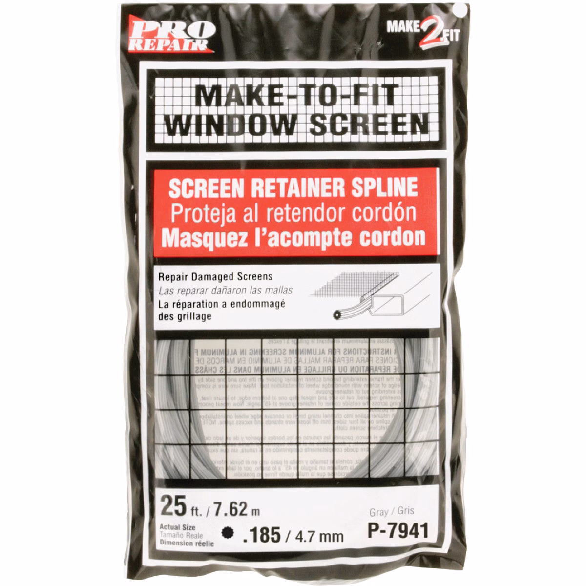 Prime-Line 0.185 In. Dia. x 25 Ft. L. Gray Vinyl Screen Retainer Spline