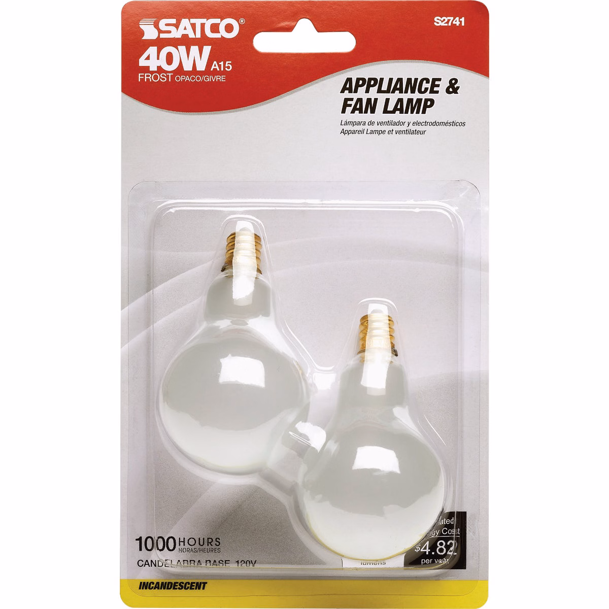Satco 40W Frosted Soft White Candelabra A15 Incandescent Ceiling Fan Light Bulb (2-Pack)