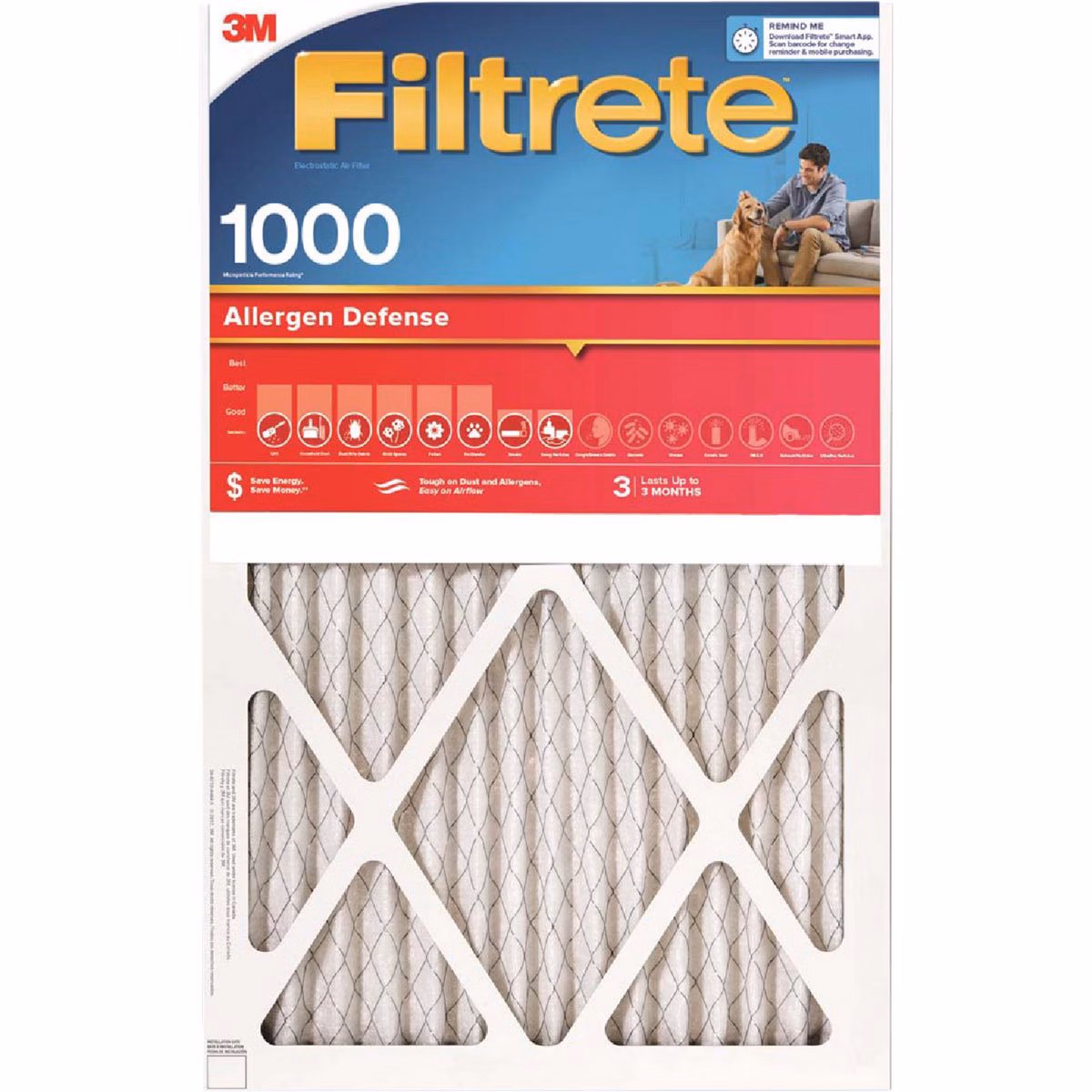 Filtrete 15 In. x 20 In. x 1 In. 1000/1085 MPR Allergen Defense Furnace Filter, MERV 11