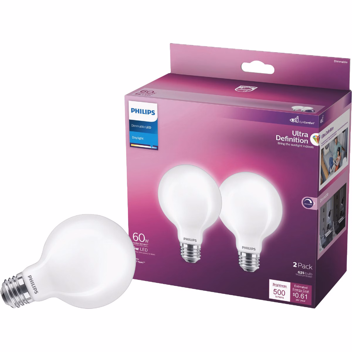 Philips Ultra Definition 60W Equivalent Daylight G25 Medium Frosted LED Decorative Light Bulb (2-Pack)