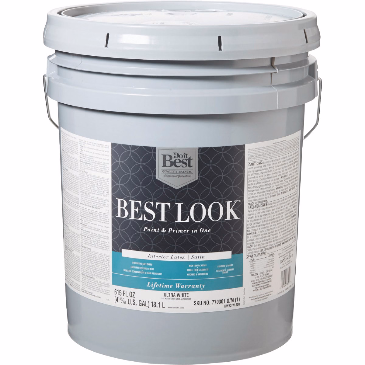 Best Look Latex Premium Paint & Primer In One Satin Interior Wall Paint, Ultra White, 5 Gal.