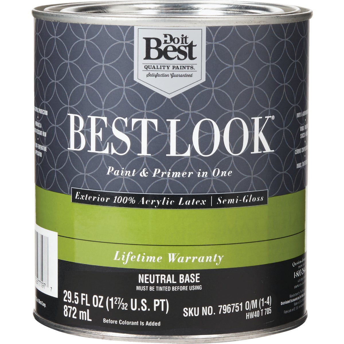 Best Look 100% Acrylic Latex Premium Paint & Primer In One Semi-Gloss Exterior House Paint, Neutral Base, 1 Qt.