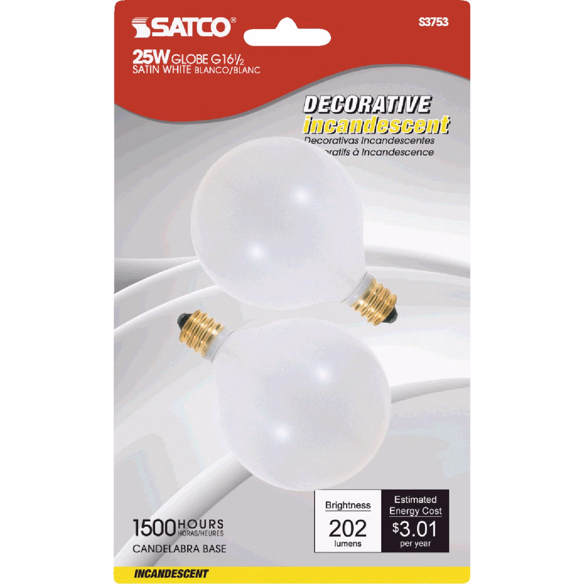 Satco 25W Frosted Soft White Candelabra Base G16.5 Incandescent Globe Light Bulb (2-Pack)