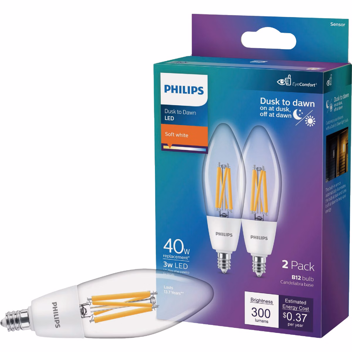 Philips 40W Equivalent Soft White B11 Dusk to Dawn LED Decorative Light Bulb (2-Pack)