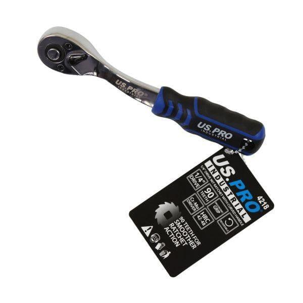 US PRO INDUSTRIAL 1/4″ Drive 90t Ratchet With Curved Handle With Grip 4218