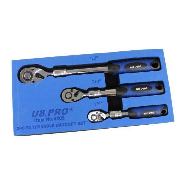 US PRO Tools 3pc Extendable Ratchet Set 1/4″ 3/8″ 1/2″ Drives In Foam Tray 4205