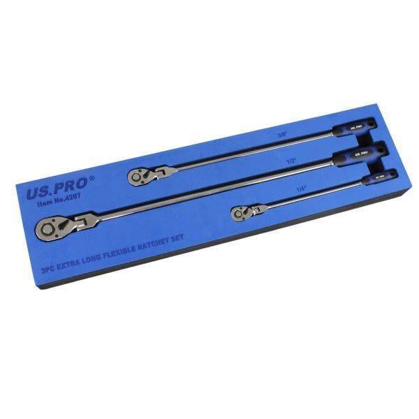 US PRO Tools 3pc Extra Long Flexible Ratchet Set 1/4″, 3/8″ & 1/2″ Drive 4207